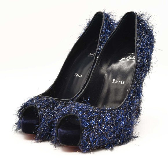 NEW $850 EU 38 Christian Louboutin Very Prive 120 Peep Toe Blue Metallic Threads - Picture 2 of 10